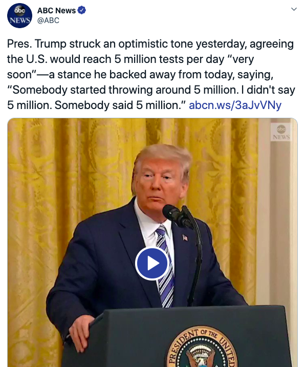 「特朗普」美国每天将检测500万人？ 特朗普不认账：我没说过