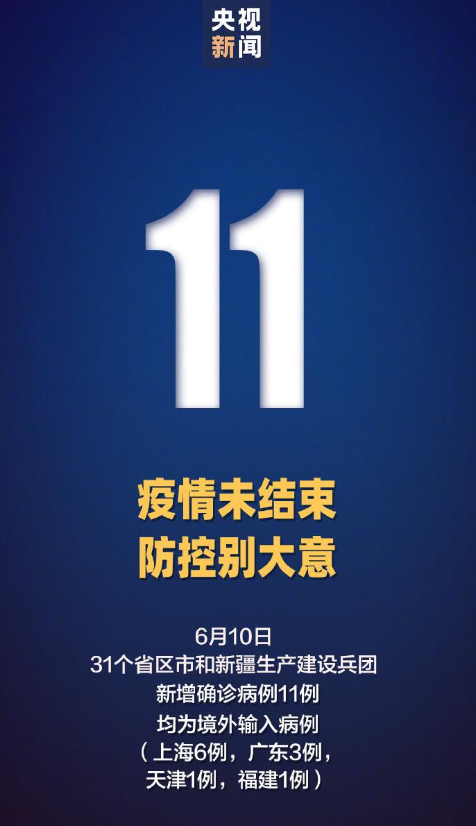 确诊病例|国家卫健委：6月10日新增新冠肺炎确诊病例11例 均为境外输入病例