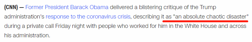 奥巴马：特朗普政府对疫情的应对是“绝对的灾难”
