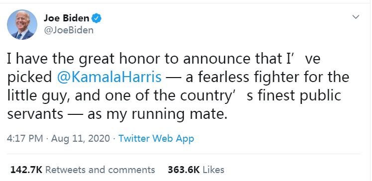 拜登|拜登宣布哈里斯为竞选搭档，她是牙买加和印度移民后裔