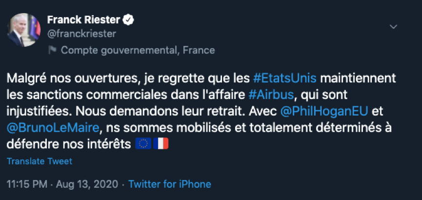 决定|美国决定维持对空客和欧盟产品关税 法国官员：或将采取反制措施