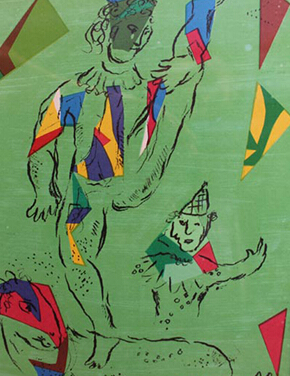 图为名家夏加尔原版粉彩平板画,尺寸为 13 x 14 英寸(约为 33 x 35.56 厘米),镶嵌在镀金框架中。