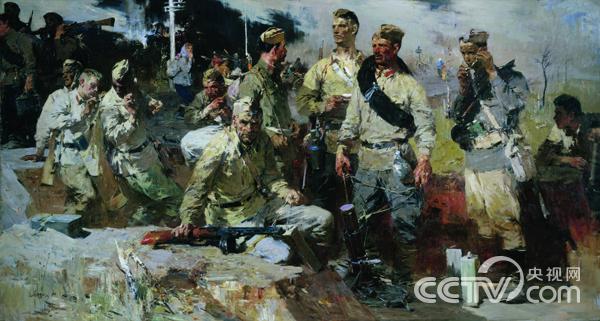 《民兵们》 莫依谢延科E.E. 1959  布面油画  200X370cm 国立俄罗斯博物馆藏