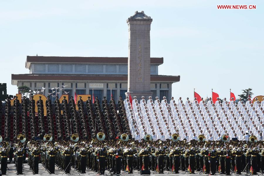 Members of joint military band and choir attend the commemoration activities to mark the 70th anniversary of the victory of the Chinese People