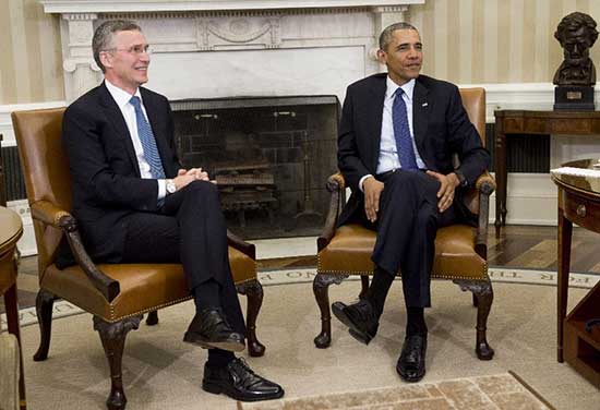 US President Barack Obama and NATO Secretary General Jens Stoltenberg speak following a meeting in the Oval Office of the White House in Washington, DC, April 4, 2016