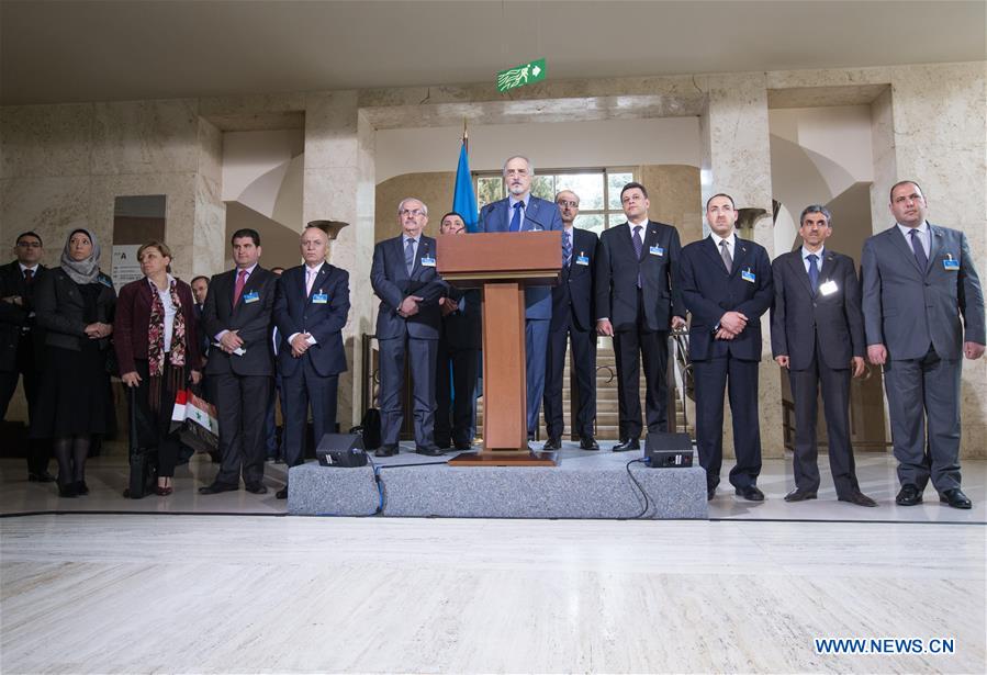 GENEVA, April 18, 2016 (Xinhua) -- Head of the Syrian government delegation Bashar Jaafari(front) addresses the media at Palais des Nations in Geneva, Switzerland, April 18, 2016. UN Special Envoy for Syria Staffan de Mistura on Monday said that the main Syrian opposition delegation, the High Negotiation Committee or HNC, is intending to suspend their formal presence to the ongoing peace talks in the UN headquarters of the Palace des Nations, but will remain staying in Geneva for technical discussions. (Xinhua/Xu Jinquan)