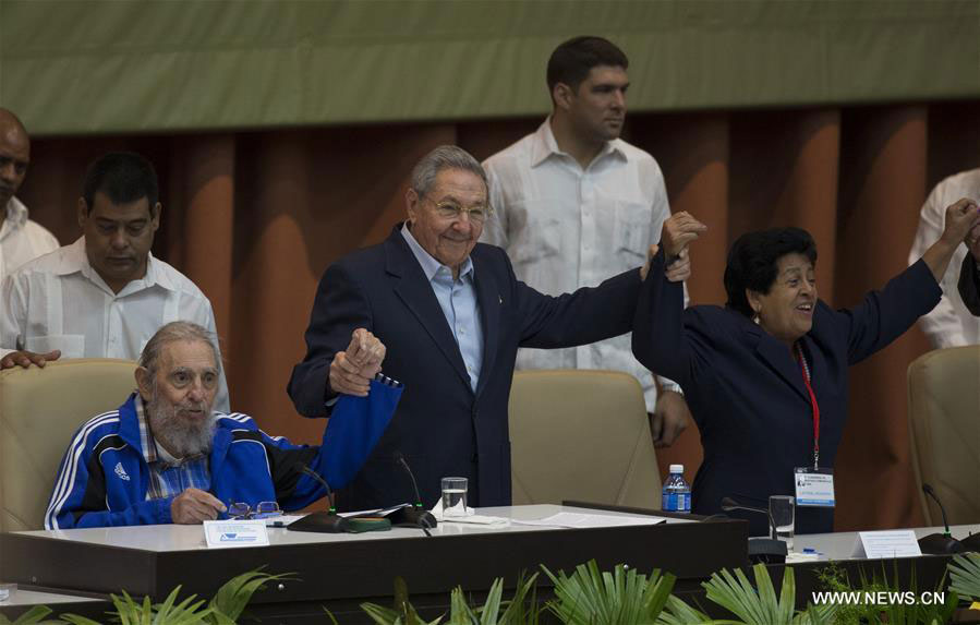 Cuban revolutionary leader Fidel Castro (L, front) and Cuban President Raul Castro (C, front), take part during the seventh Congress of the Communist Party of Cuba (PCC), at the Palace of Conventions, in Havana, Cuba, on April 19, 2016. [Photo: Xinhua]