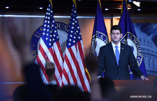 U.S. House Speaker Paul Ryan holds a news conference following a private meeting with Republican U.S. presidential candidate Donald Trump on Capitol Hill in Washington D.C., the United States, May 12, 2016. [Photo: Xinhua]