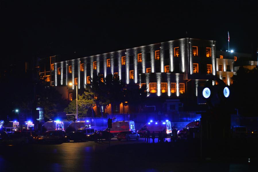 ANKARA, July 15, 2016 (Xinhua) -- Ambulances gather near Turkish General Staff building in Ankara, Turkey on July 15, 2016. Turkish Prime minister Binali Yildirim told local media on Friday night that there has been a mutiny attempt in Turkey. (Xinhua/Mustafa Kaya)