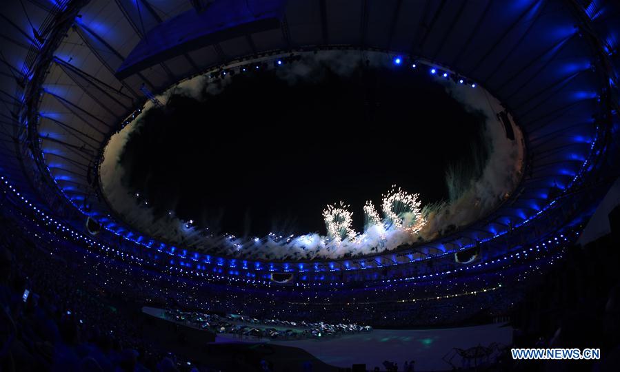 The fireworks show the letters of Rio over Maracana Stadium during the opening ceremony of the 2016 Rio Olympic Games in Rio de Janeiro, Brazil, Aug. 5, 2016. (Xinhua/Lui Siu Wai) 