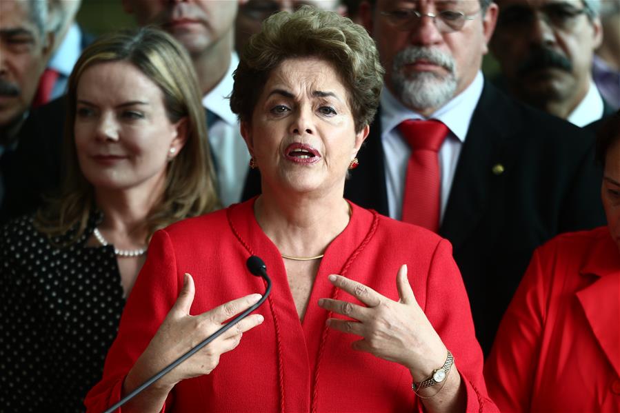 Dilma Rousseff delivers a statement at the Alvorada Palace in Brasilia, Brazil, on Aug. 31, 2016. The Brazilian Senate voted on Wednesday to strip Dilma Rousseff of the presidency by 61 votes in favor to 20 votes against. This means Rousseff is immediately and permanently removed from her role and Michel Temer, who assumed the interim presidency after Rousseff was suspended in May, will become president until the end of this term in 2018. (Xinhua/Wilton Junior/Agencia Estado)