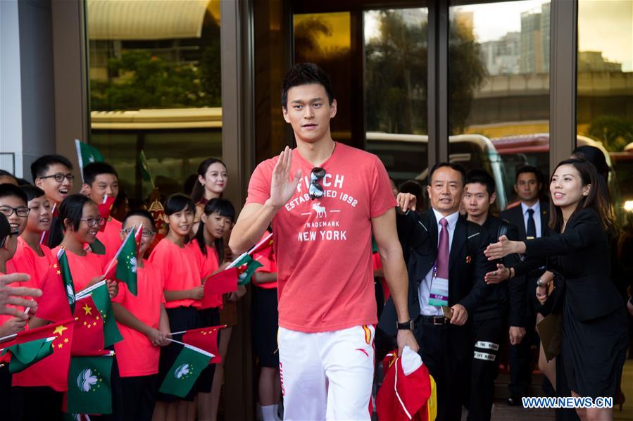 Swimmer Sun Yang is seen at a farewell ceremony in the Macao Special Administrative Region, south China, Sept. 1, 2016. Delegation of Chinese mainland Olympians concluded their four-day visit to Macao on Thursday. (Xinhua/Cheong Kam Ka) 