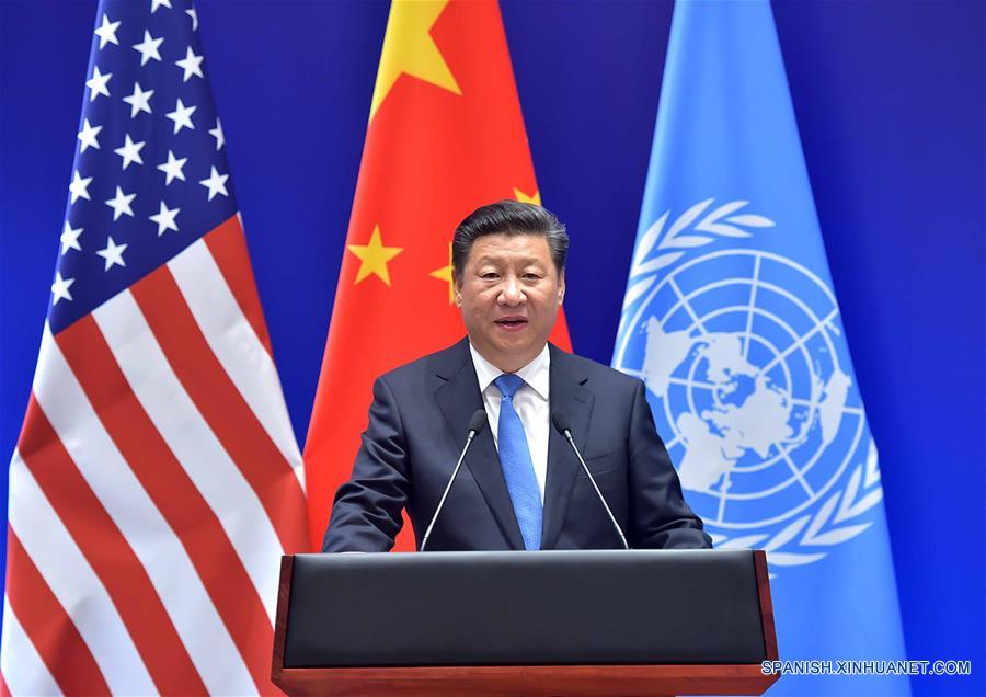 El presidente de China, Xi Jinping, pronuncia un discurso en el dep&oacute;sito conjunto de los instrumentos de China y Estados Unidos de ingreso en el Acuerdo de Par&iacute;s, en Hangzhou, capital de la provincia de Zhejiang, en el este de China, el 3 de septiembre de 2016. (Xinhua/Li Tao)