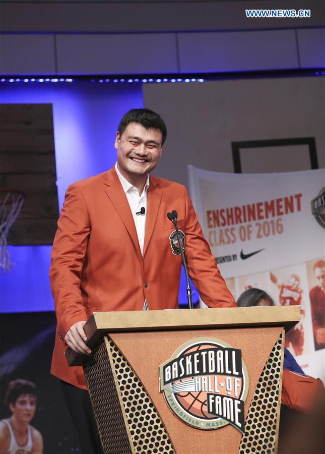 2016 class of inductees into the Basketball Hall of Fame, Yao Ming of China speaks during a press conference at the Naismith Memorial Basketball Hall of Fame, Sept. 8, 2016. Chinese basketball star Yao Ming and his Class of 2016 Hall of Fame made their debut Thursday with orange inductee jackets for the upcoming Enshrinement Ceremony here. The enshrinement ceremony will be held on Sept. 9, 2016. (Xinhua/Wang Ying)