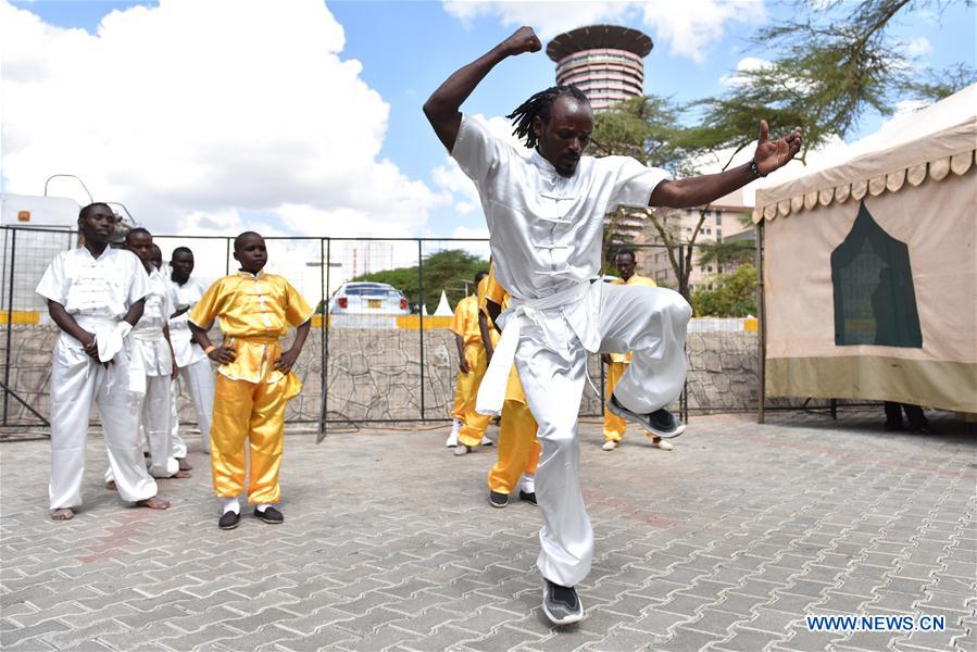 A member from a local martial arts club demonstrates Chinese Kungfu during the Kungfu Festival in Nairobi, Kenya, Nov. 5, 2016. (Xinhua/Sun Ruibo)