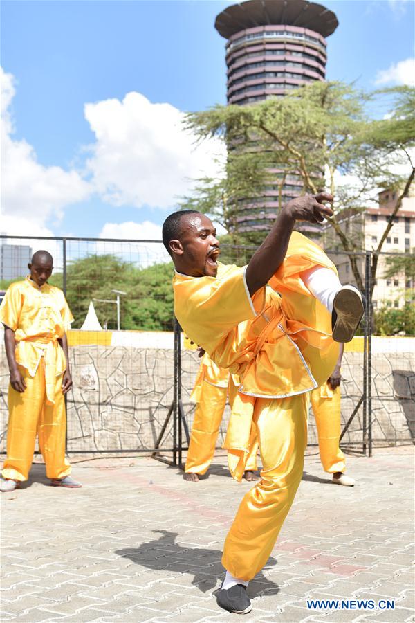 A member from a local martial arts club demonstrates Chinese Kungfu during the Kungfu Festival in Nairobi, Kenya, Nov. 5, 2016. (Xinhua/Sun Ruibo)