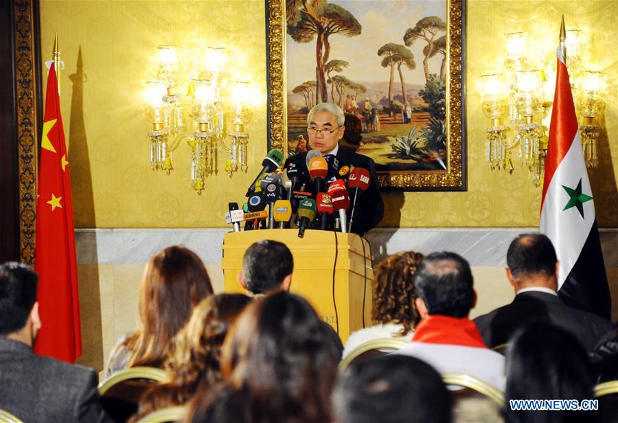 Xie Xiaoyan, Special Envoy of the Chinese Government on Syrian issue, speaks during a press conference in Damascus, Syria, Dec. 8, 2016. The UN Security Council should remain united to reach consensus and form resultant force on ending crisis in Syria, said Xie Xiaoyan during his latest trip to Damascus. (Xinhua/Ammar Safarjalani)