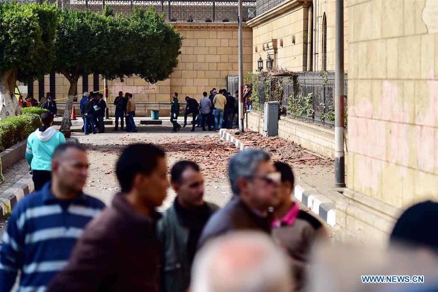 Photo taken on Dec. 11, 2016 shows the explosion site near a Cathedral in Cairo, Egypt, Dec. 11, 2016. At least 25 people were killed and 49 others injured on Sunday in an explosion at the Coptic Cathedral in Abbasiya