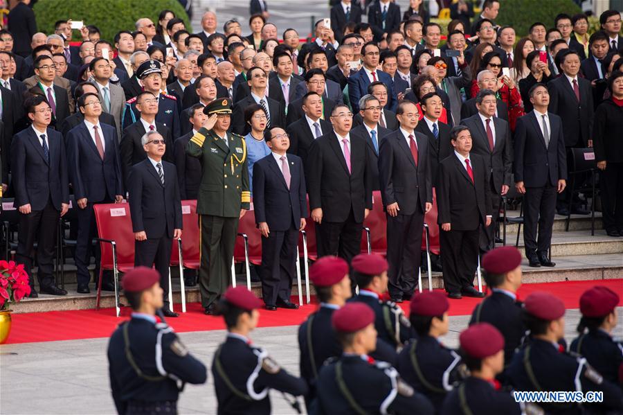 Chui Sai On (3rd R F), chief executive of Macao Special Administrative Region, Wang Zhimin (3rd L F), head of the Liaison Office of the Central People