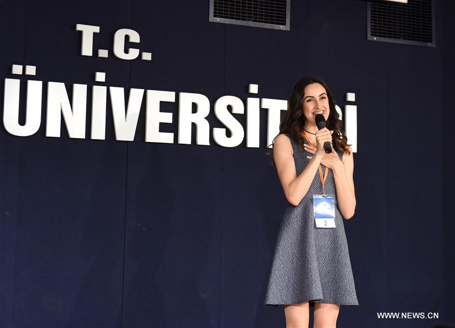 Ayse Ilayda Dikbasan speaks at the 16th Chinese proficiency competition for Turkish college students in Istanbul, Turkey, on May 6, 2017. The 16th Chinese proficiency competition for college students in Turkey was held here on Saturday, with top ten winners offered a chance to visit China. (Xinhua/He Canling)