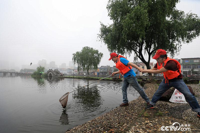 Volunteers from Red Collar House clean up the garbage on the water surface. (data picture)