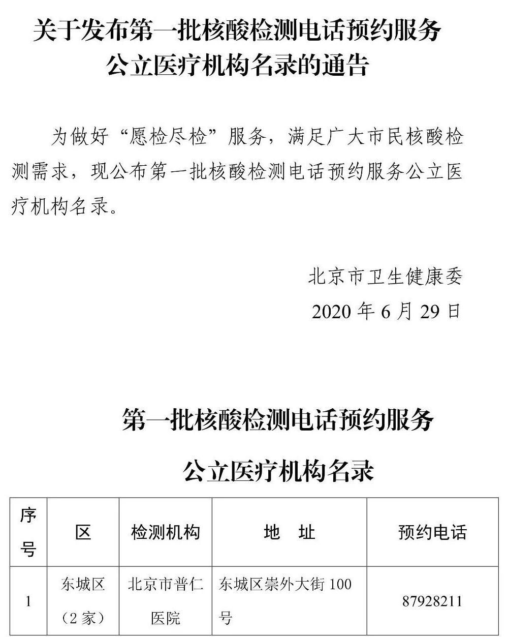 核酸检测北京发布首批45家核酸检测电话预约服务公立医疗机构名录