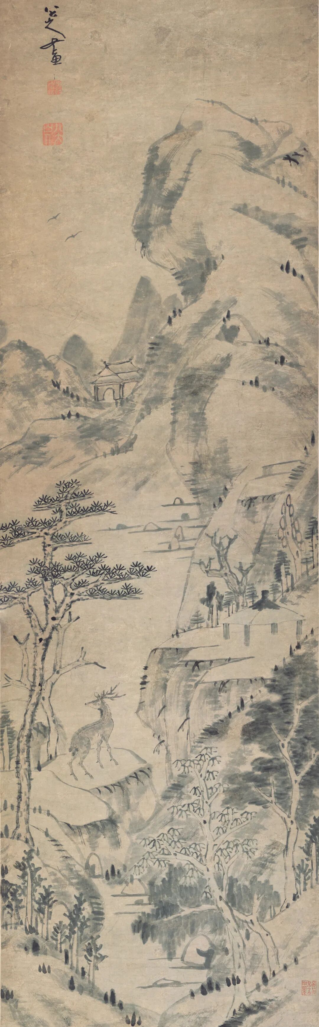 山岗游鹿图 八大山人 中国画 154.5×46.5cm 清代 广州艺术博物院藏