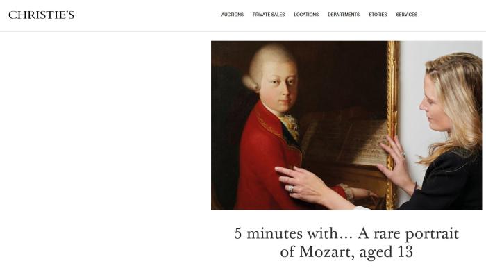 佳士得拍卖行将拍卖莫扎特的肖像画。（图片来源：佳士得网站截图）