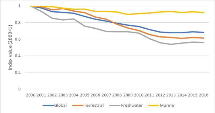 物种数量下降明显近年来,海洋鱼类种群中被过渡捕捞的比例持续上升