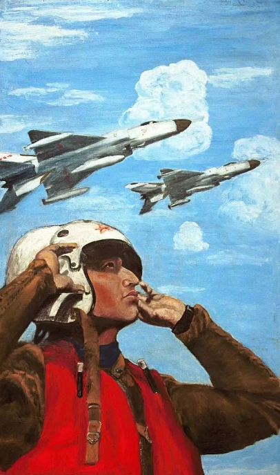 王伟油画遗作《魂系海空》,作品中的飞行员是王伟的自画像.