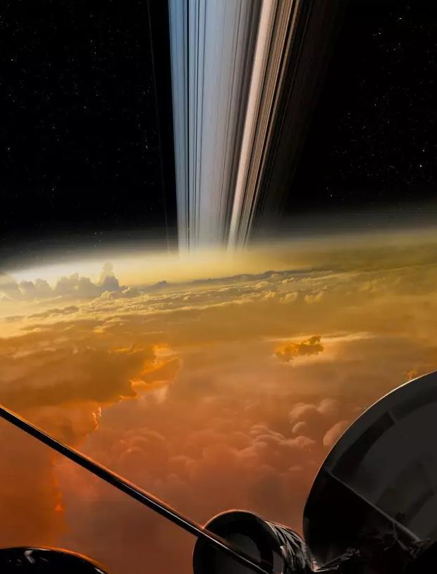 图自@nasa/卡西尼视角的冲入土星大气层艺术想像图