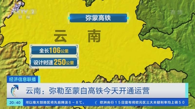 00:55[经济信息联播]云南：弥勒至蒙自高铁今天开通运营01:36[经济信息联播]