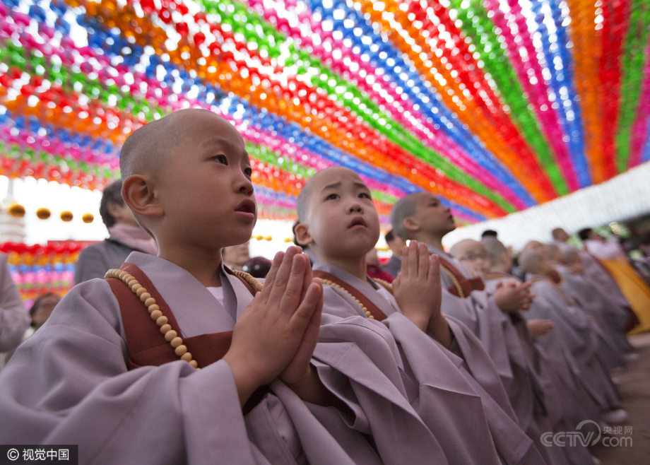韩国迎接佛诞节 小和尚点灯萌萌哒