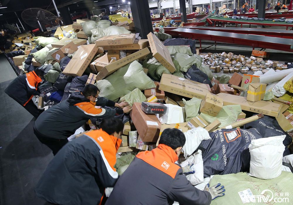 山东潍坊:双十一物流爆仓 快递小哥分拣忙