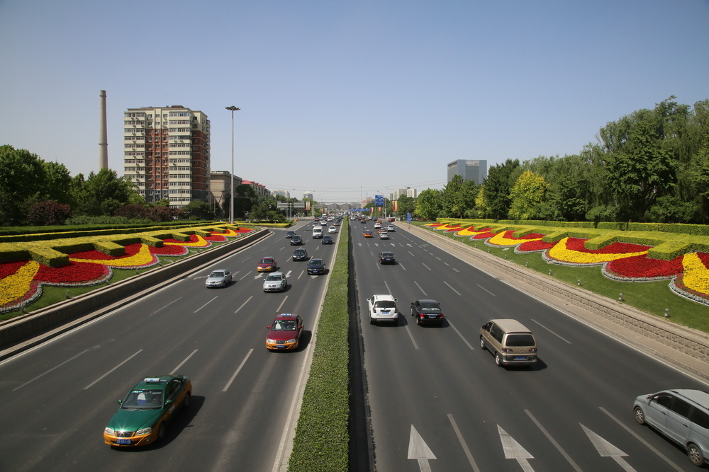 广安门桥区两旁的坡面上,众多花卉组合,交织在一起,形成"手拉手"的