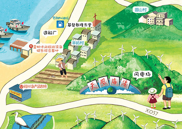 地图尺寸:76×53cm南澳手绘地图的产品:手绘地图,明信片,t恤,沙滩鞋