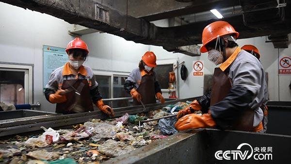 工人正在做餐厨垃圾异物的分拣