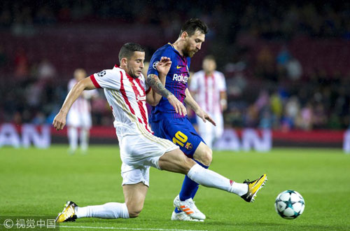 欧冠-梅西欧战百球巴萨3-1 梅西奋力争抢