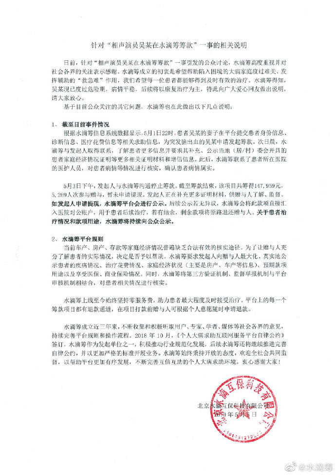 水滴筹回应吴鹤臣众筹：筹得近15万元暂未提现