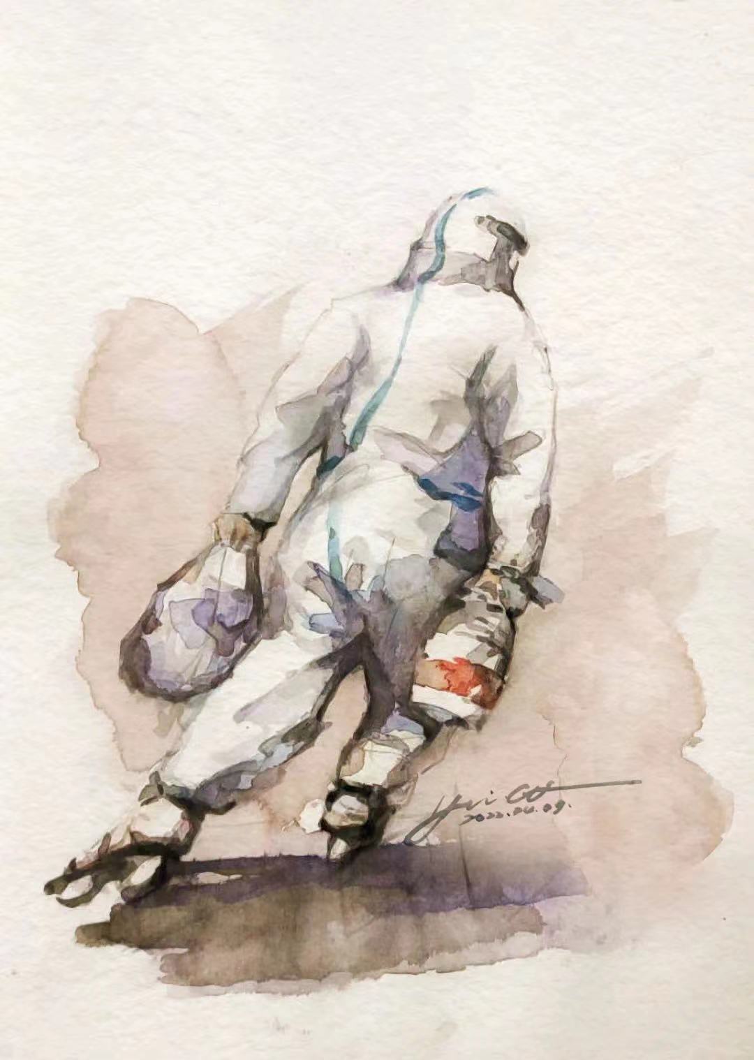 印国强《踩滑轮的志愿者》水彩画