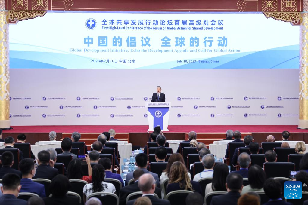 Wang Yi, a member of the Political Bureau of the Communist Party of China (CPC) Central Committee and director of the Office of the Foreign Affairs Commission of the CPC Central Committee, attends the first high-level conference of the Forum on Global Action for Shared Development in Beijing, capital of China, July 10, 2023. Wang read out a congratulatory letter sent by Chinese President Xi Jinping to the conference. (Xinhua/Liu Bin)