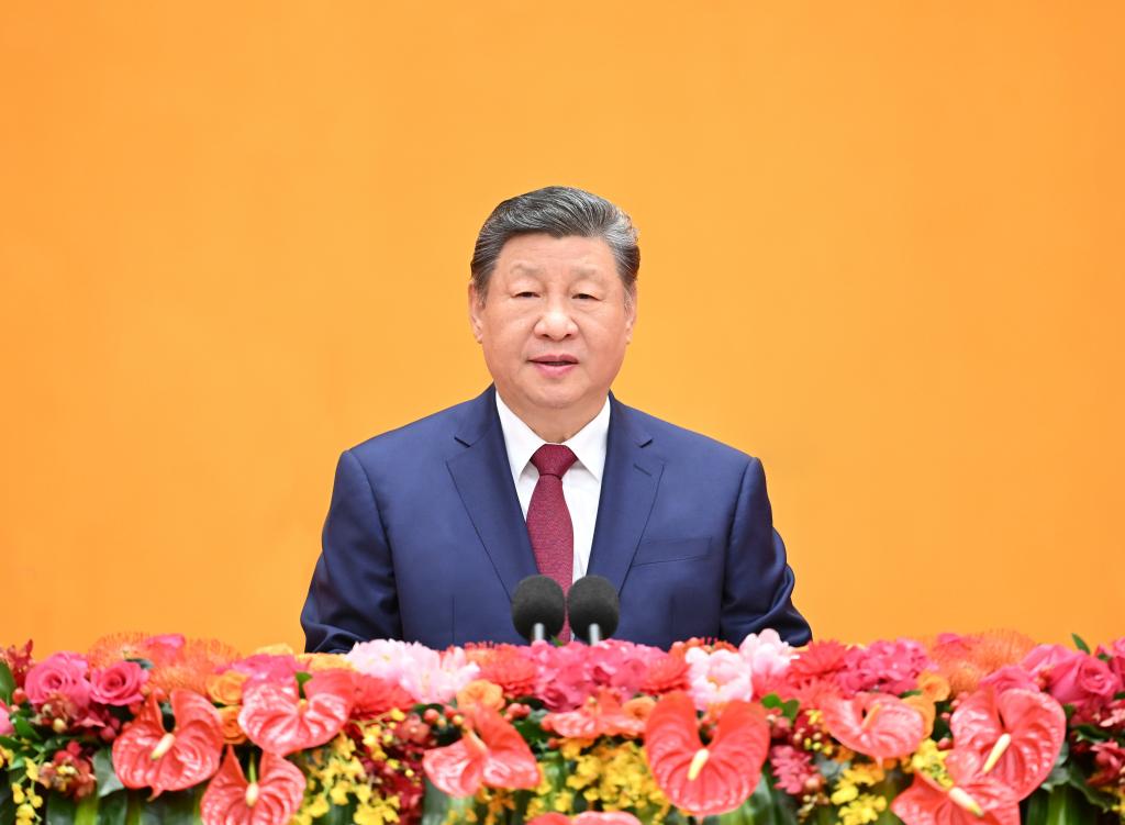 Chinese President Xi Jinping, also general secretary of the Communist Party of China (CPC) Central Committee and chairman of the Central Military Commission, delivers a speech at a reception to usher in the Chinese New Year at the Great Hall of the People in Beijing, capital of China, Feb. 14, 2026. The CPC Central Committee and the State Council held the reception here on Saturday. (Xinhua/Li Xiang)
