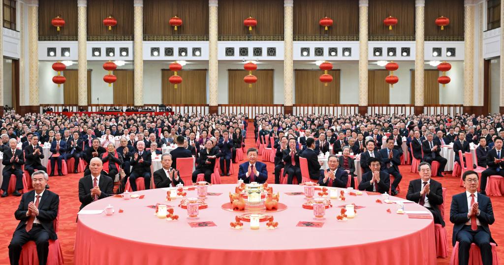 Party and state leaders Xi Jinping, Li Qiang, Zhao Leji, Wang Huning, Cai Qi, Ding Xuexiang, Li Xi and Han Zheng attend a reception to usher in the Chinese New Year at the Great Hall of the People in Beijing, capital of China, Feb. 14, 2026. The Communist Party of China Central Committee and the State Council held the reception here on Saturday. (Xinhua/Xie Huanchi)