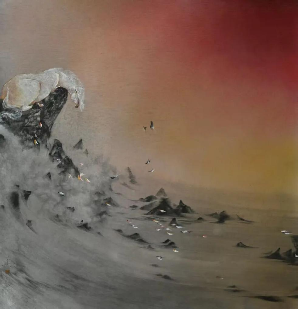 何振华 &nbsp;《渡江》 &nbsp;70cm×71cm &nbsp;纸本水墨 矿物色&nbsp;2021年 &nbsp;