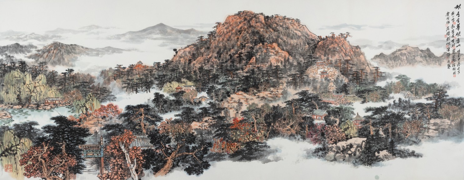 《秋色金华映香山》 庄小雷、郭宝君、牛朝、买鸿钧、徐卫国、乐祥海、范琛、刘旭、陈倩合作  145cm&times;360cm 2024年 纸本设色