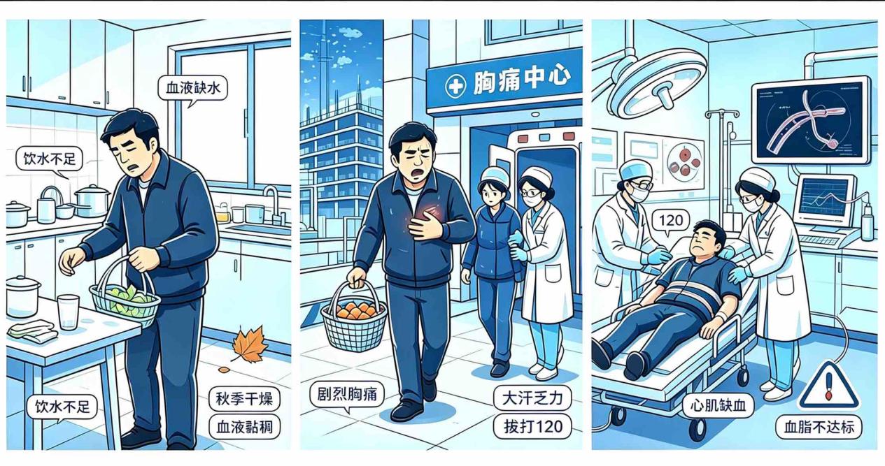 忽视秋季补水，血液黏稠诱发不稳定性心绞痛案例（图片由AI生成）